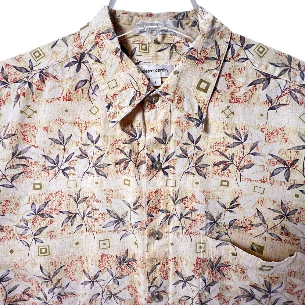Vtg Pierre Cardin Mens Short Sleeve Shirt Button Up Leaf Tropical Cotton Large